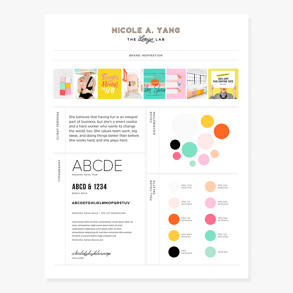 brand board displaying inspiration images, brand colors, and brand fonts