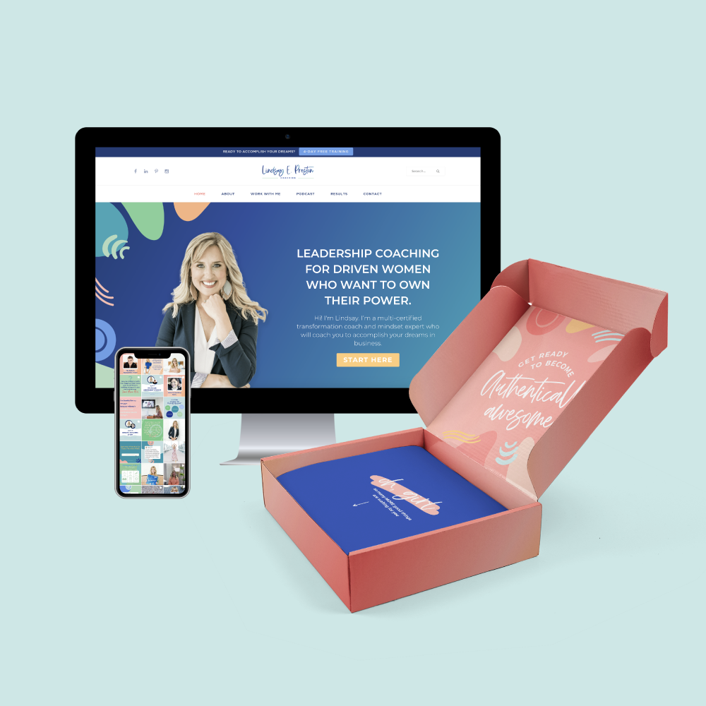 Mockup of Lindsay E Preston website, pink mailing box, and colorful instagram feed