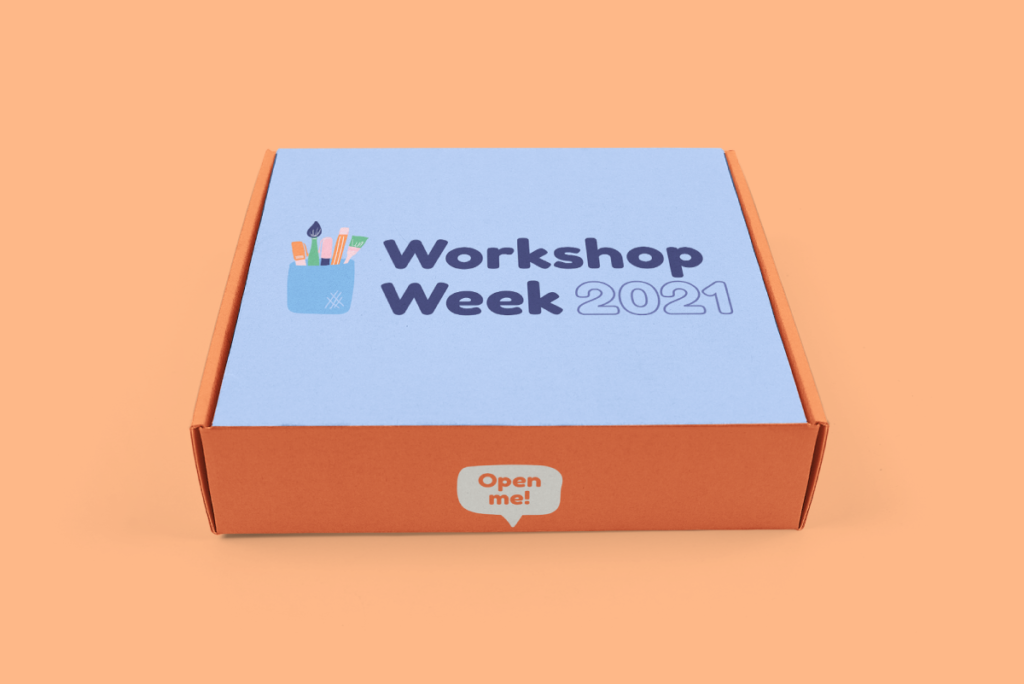 mockup of a periwinkle mailing box that reads, "Workshop Week 2021 - Open Me!" with an illustrated jar full of pens and pencils