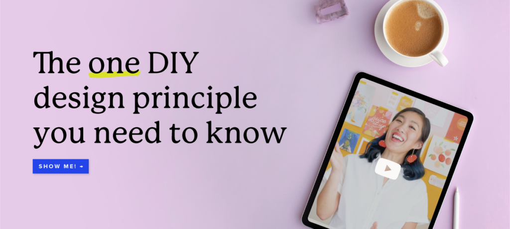 ipad displaying a video of a woman talking on a lavender background. Text reads, "the one DIY design principle you need to know"