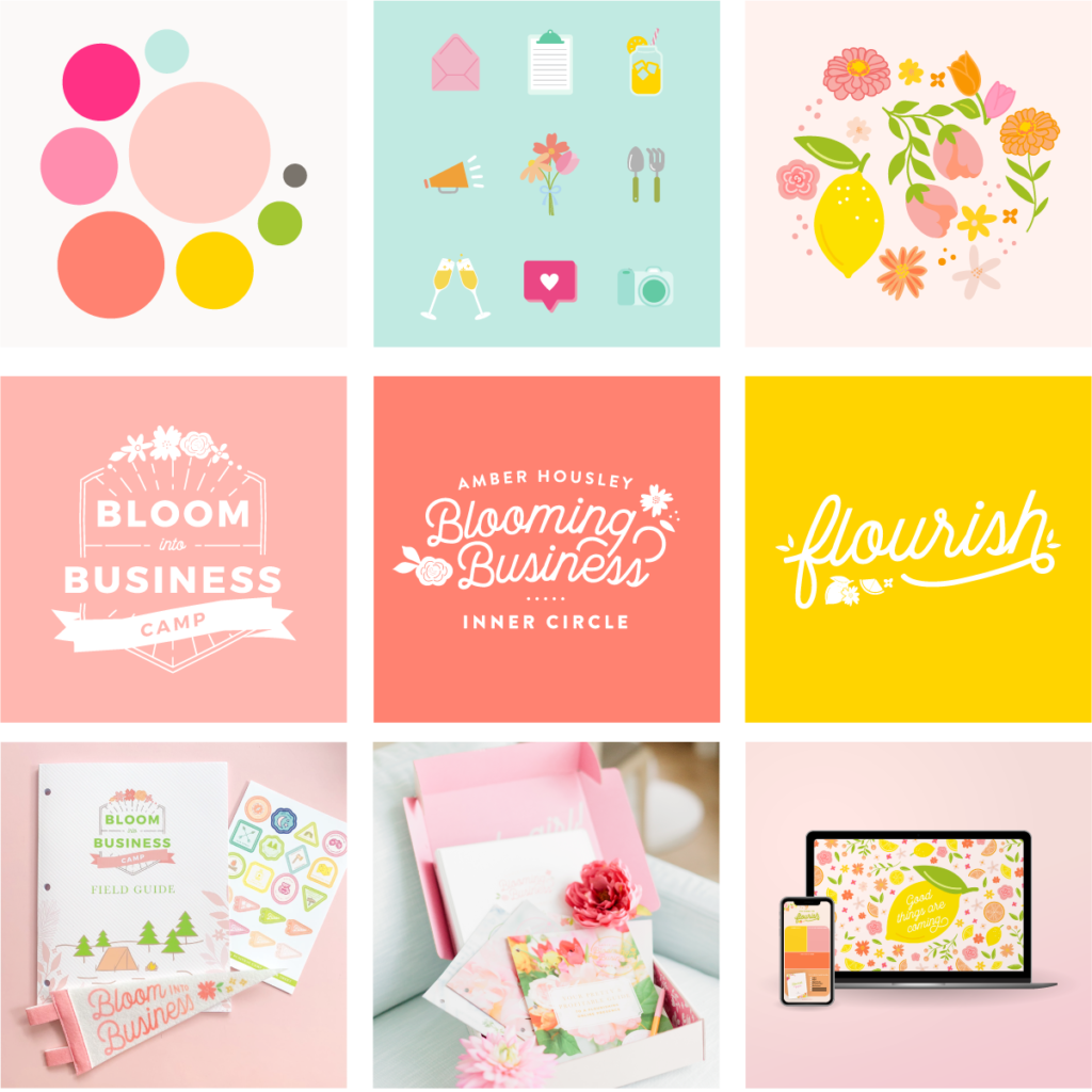 grid of sherbet-colored brand with boxes showing a warm color palette; custom icons; a floral pattern; business logos; and images of workbooks, gift boxes, sticker sheets, and desktop wallpapers