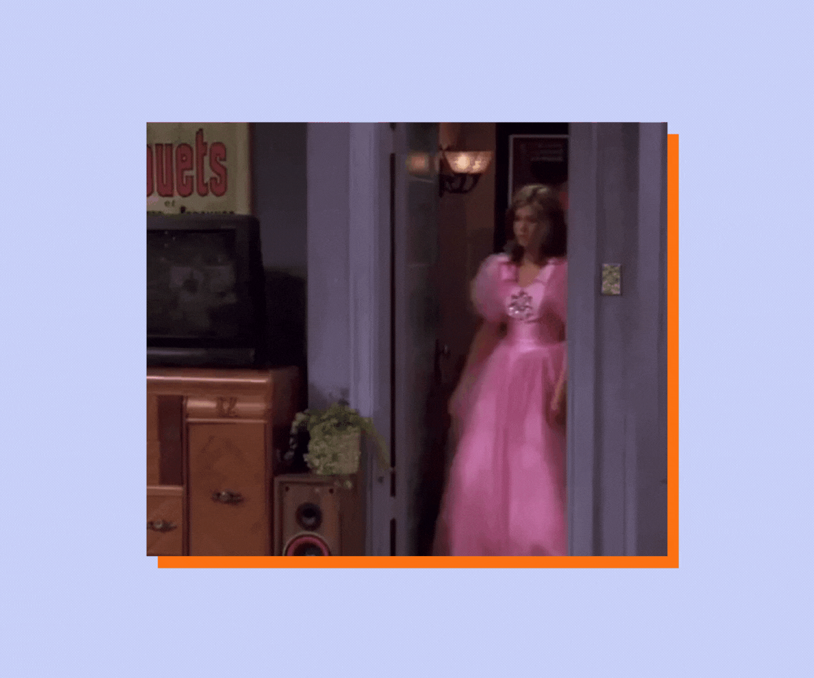animated gif of Rachel from Friends reluctantly showing off a hideously poofy pink bridesmaids dress