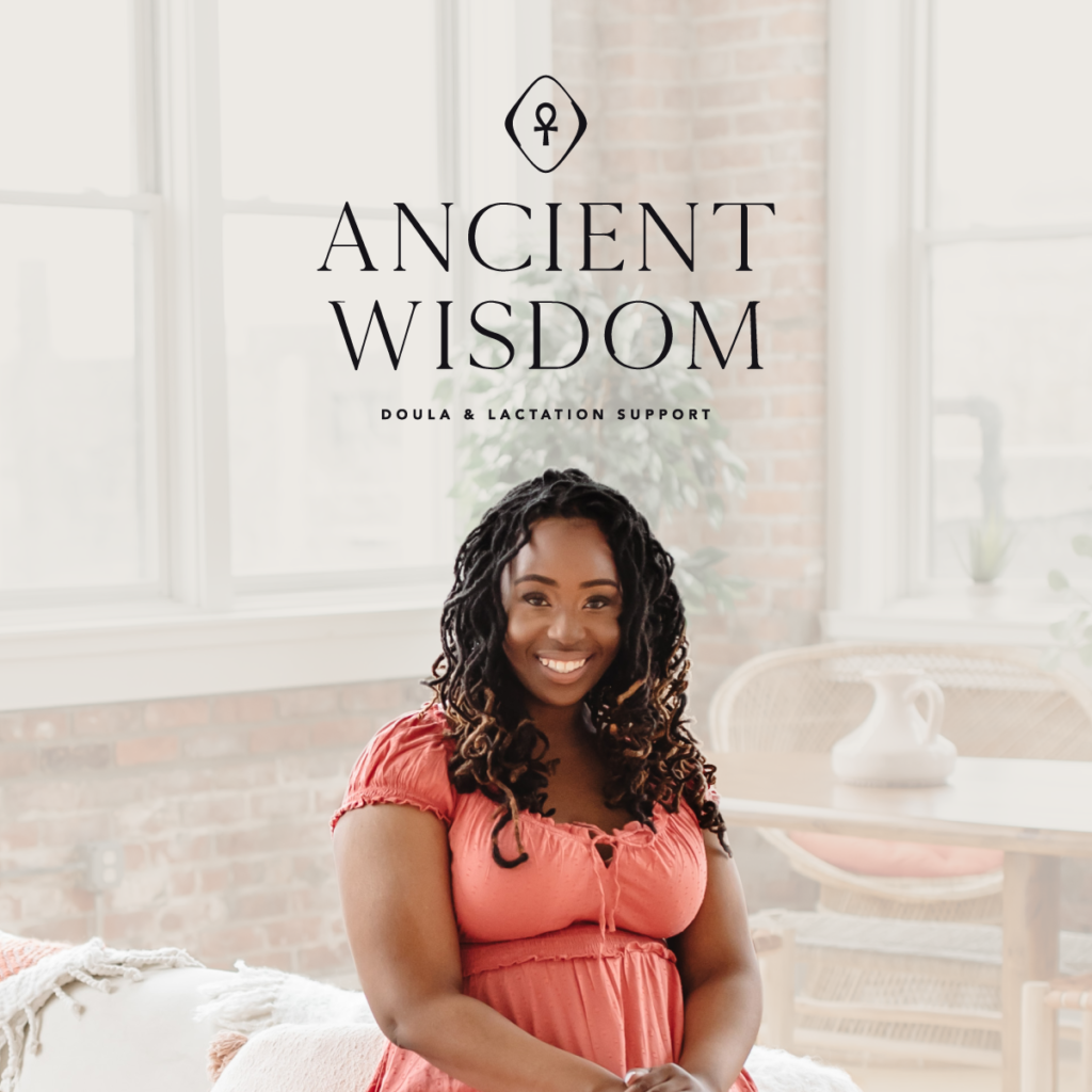 "Ancient Wisdom" logo with an ankh symbol overlaid on top of an image of Nyasia -- a black woman with long curled dreadlocks in a coral dress sitting on the edge of a white couch, smiling at the camera.