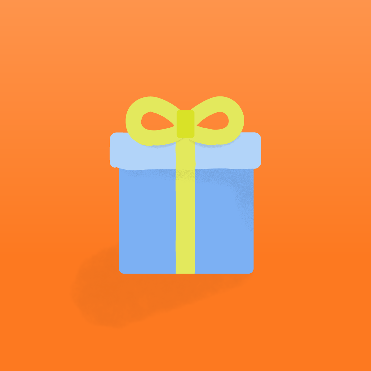 graphic illustration of a blue present with a yellow bow on an orange background