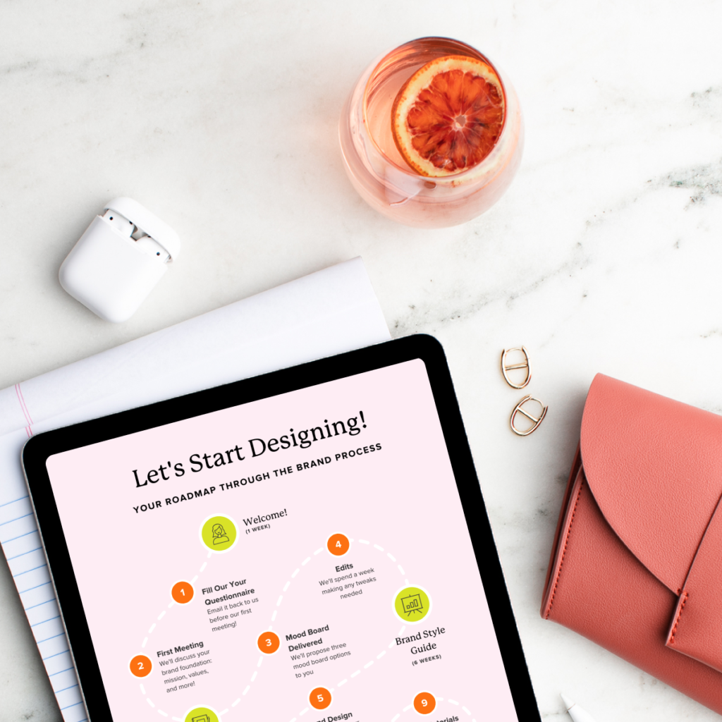 A infographic of a design process on an ipad surrounded by an orange drink, orange clutch, and airpods.