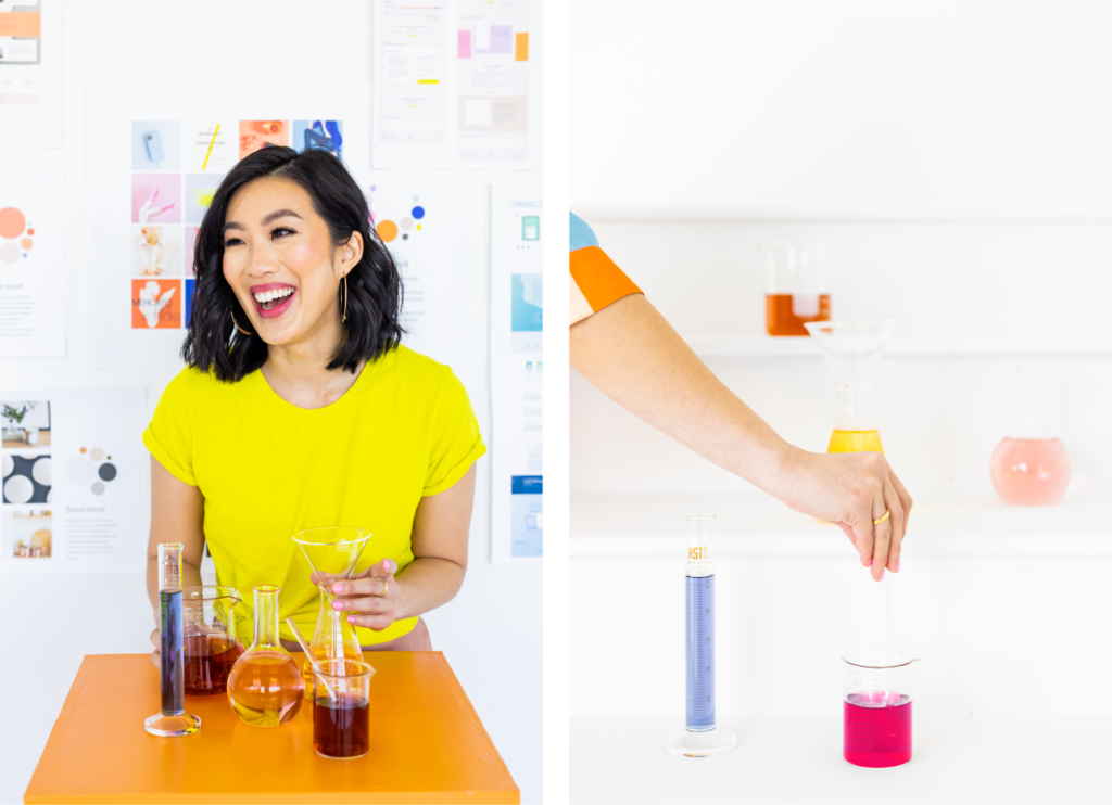 two images side by side of a woman in front of a wall of moodboards stirring colorful liquids in glass beakers