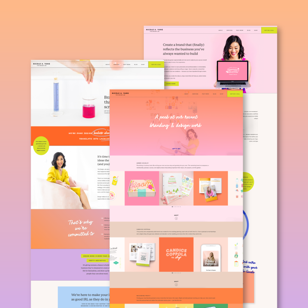 colorful webpages mocked up on a peach and lavender gradient background.